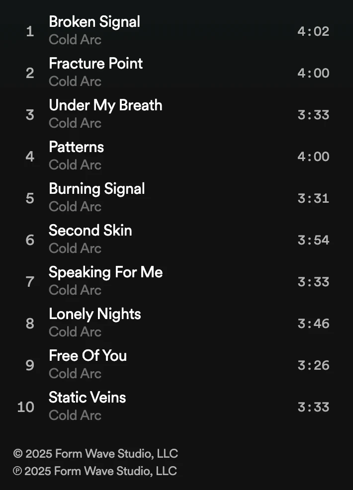 Cold Arc Broken Signal Song List